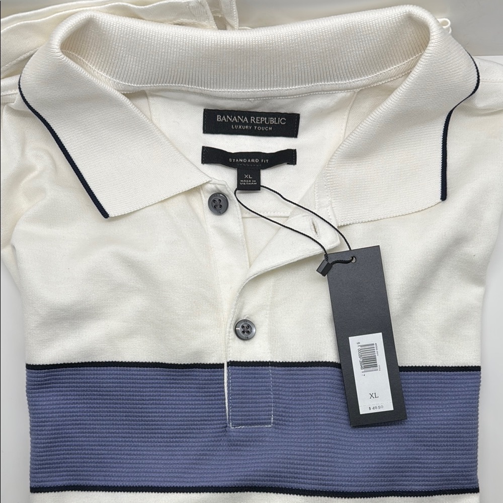 NWT Banana Republic XL Standard Fit Luxury-Touch White & Blue Polo Shirt